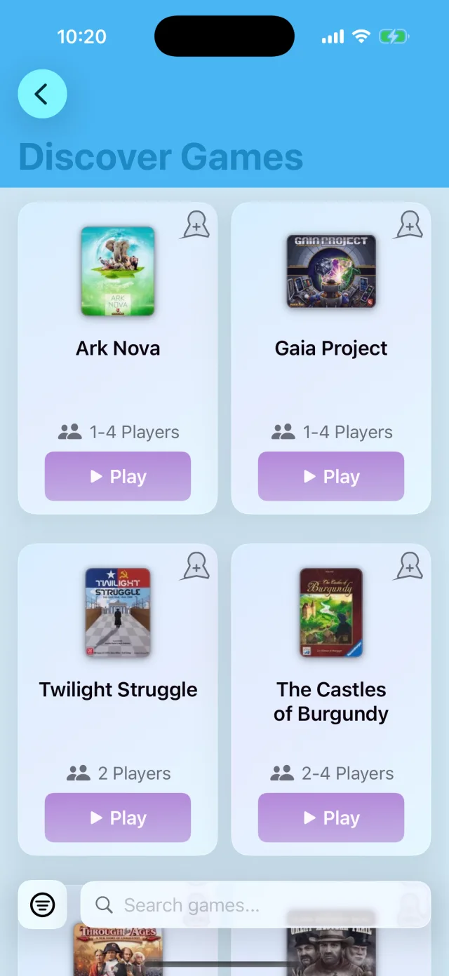 Discover Games view showing Ark Nova, Gaia Project, Twilight Struggle, The Castles of Burgundy, and more