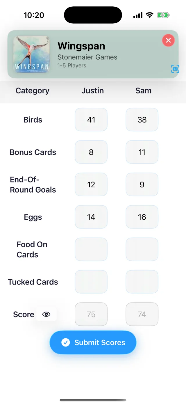 Wingspan scoring in Meeply with categories - Birds, Bonus Cards, End-of-Round Goals, Eggs, and more - showing a 75 to 74 game