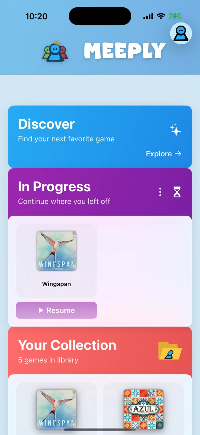 Meeply main dashboard showing In Progress games and Your Collection